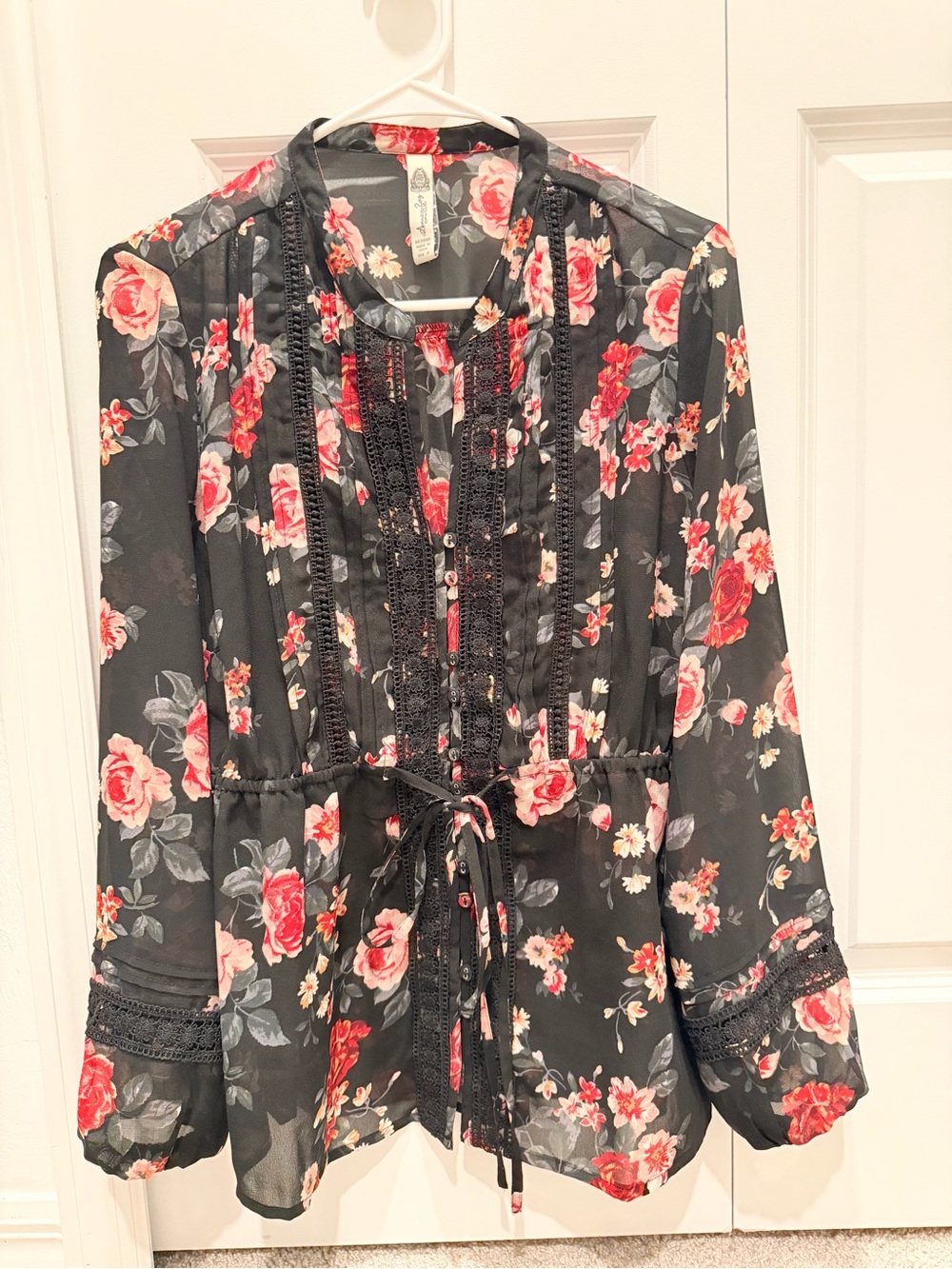 American Rag Black Floral Lace-Trim Blouse with Pink Roses